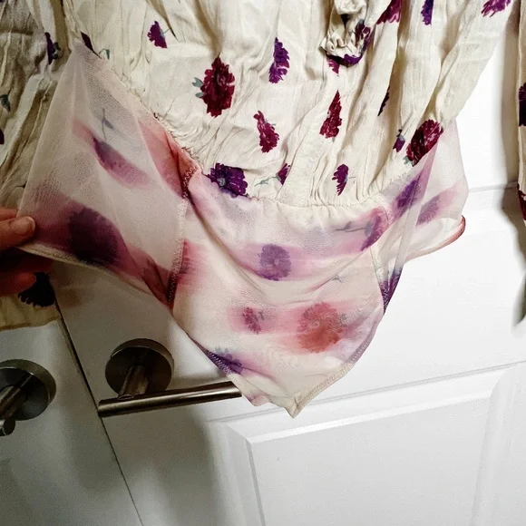 Free People Floral Poppy Printed Bodysuit Ruffle lace Cream Size S Pink - Picture 6 of 14